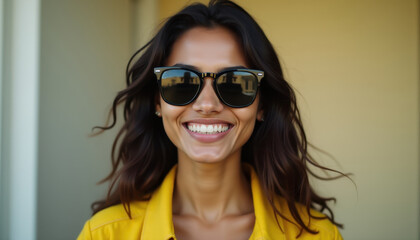 Fototapeta premium A happy woman wearing sunglasses and a yellow top stands against a matching yellow background. Perfect for fashion, lifestyle, and advertising projects that highlight joy and vibrancy.