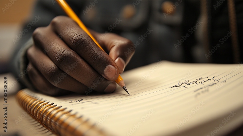 Poster this close-up captures a student's hand holding a pencil, precisely writing notes in a notebook duri