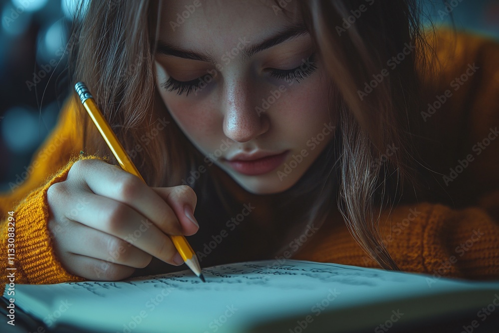 Poster this close-up captures a student's hand holding a pencil, precisely writing notes in a notebook duri
