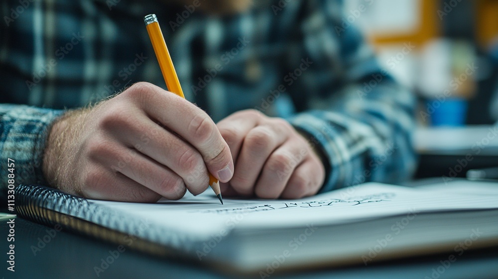 Poster this close-up captures a student's hand holding a pencil, precisely writing notes in a notebook duri