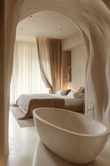 Serene spa-like interior with freestanding marble bathtub and minimalist design