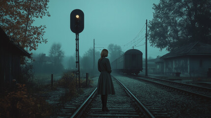 a woman standing on the railroad in a gloomy mood