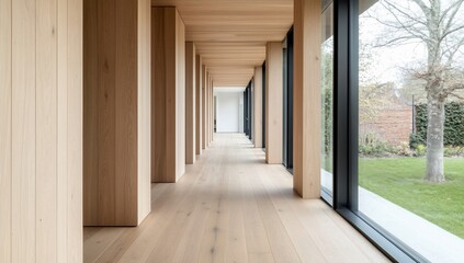 Obraz premium Modern corridor with wooden accents and large windows.