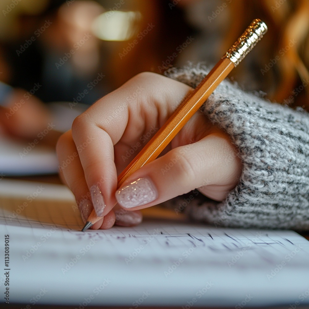 Poster this close-up captures a student's hand holding a pencil, precisely writing notes in a notebook duri