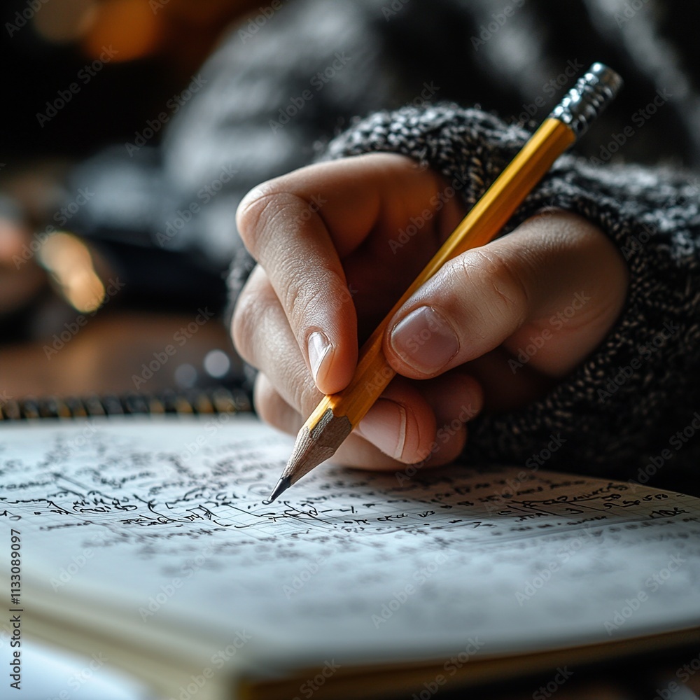 Poster this close-up captures a student's hand holding a pencil, precisely writing notes in a notebook duri