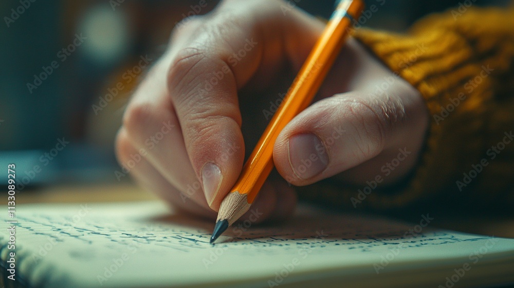 Poster this close-up captures a student's hand holding a pencil, precisely writing notes in a notebook duri