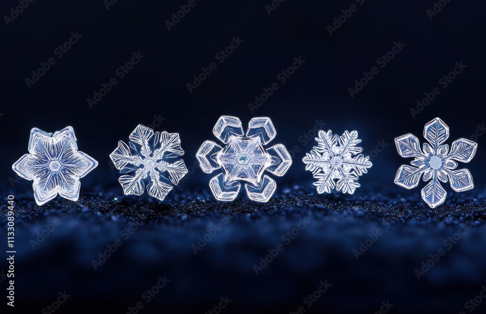 Poster Five different snowflakes set against an isolated dark blue background. Each crystal is captured with the clarity of a macro shot, revealing patterns and textures that highlight their unique features.