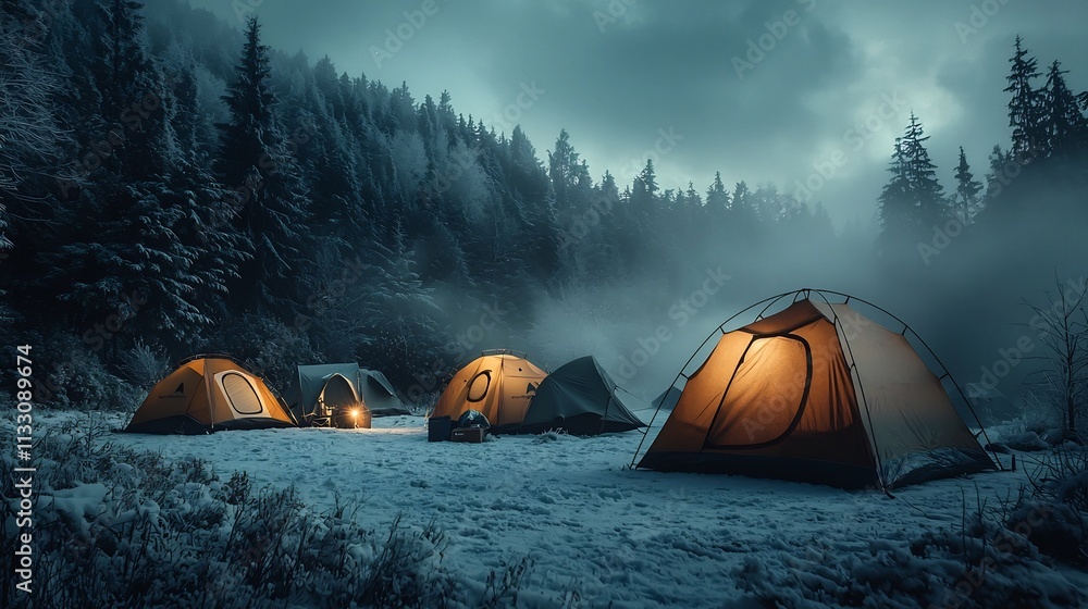 Poster the tranquil scene of a winter campsite nestled at the edge of a frozen forest with tents glowing so