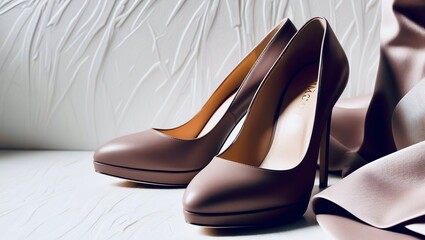 Pastel brown high heel shoes on white relief background, mocha mousse trend color 2025