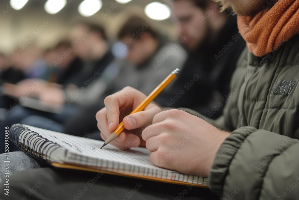 Poster this close-up captures a student's hand holding a pencil, precisely writing notes in a notebook duri