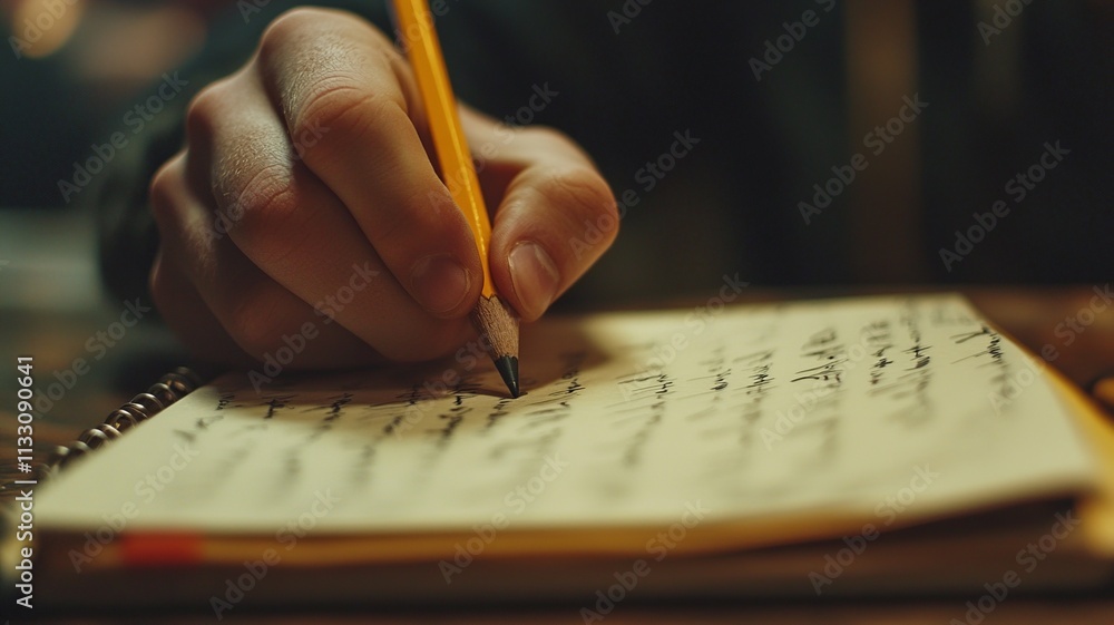 Poster this close-up captures a student's hand holding a pencil, precisely writing notes in a notebook duri