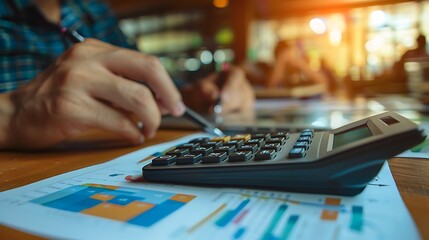 Fototapeta premium Close up man working about financial with calculator at his office to calculate expenses Accounting concept