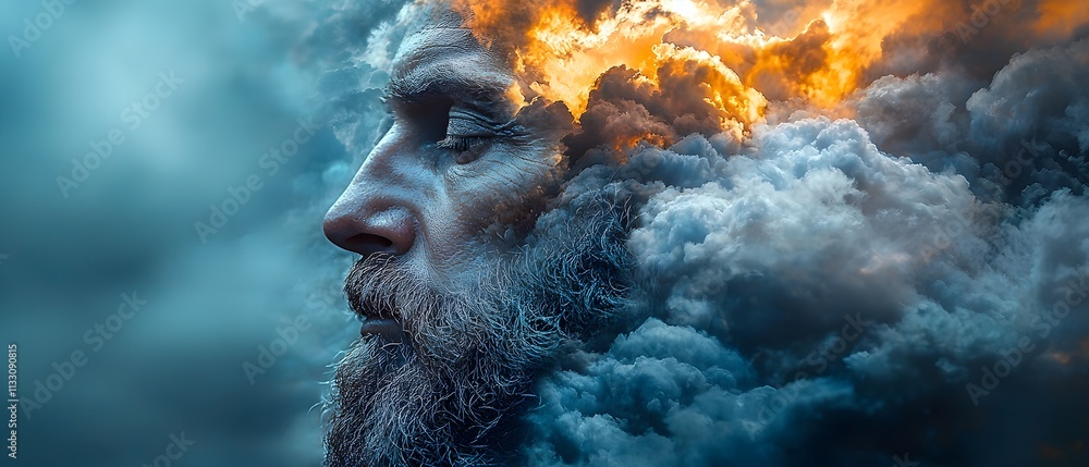 Poster Profile of a contemplative man with a beard and swirling clouds, capturing the essence of introspection, dreams, and emotional depth in a dramatic atmosphere of vibrant colors and textures.