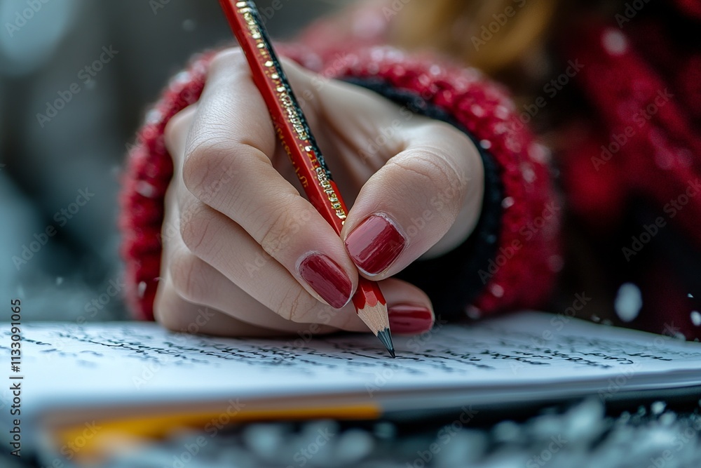 Poster this close-up captures a student's hand holding a pencil, precisely writing notes in a notebook duri