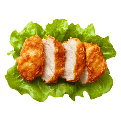 Breaded Chicken Inner Fillet with green lettuce isolated on transparent background remove png, clipping path