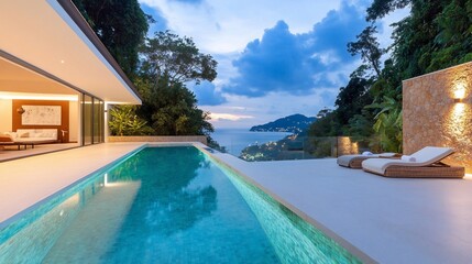 Fototapeta premium Modern villa with a pool overlooking a scenic landscape at dusk.