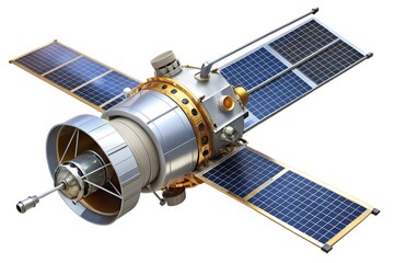Space satellite with solar panels and antennas isolated on white background