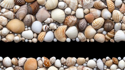 Obraz premium Discover various seashells with intricate textures and colors, beautifully displayed on a soft background, perfect for beach-themed designs SEAMLESS PATTERN