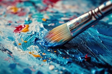 Fototapeta premium Paintbrush Applying Blue Paint To Canvas