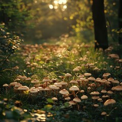 Obraz premium Serene forest floor covered with mushrooms of unique shapes, dappled light enhancing the nostalgic tones of the scene