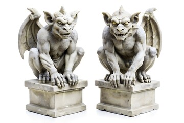 Two stone gargoyle statues perched on pedestals isolated on white background