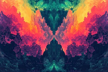 Abstract Symmetrical Artwork with Vibrant Colors and Clouds