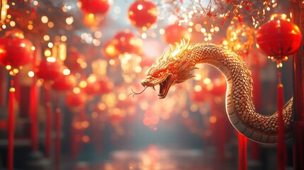 Obraz premium Golden snake slithering through red lanterns for chinese new year celebration enchanting background in a vibrant setting