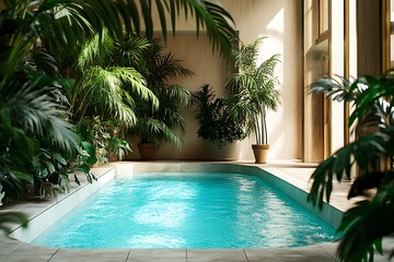 Fototapeta premium Indoor pool area with tropical plants, creating a peaceful and refreshing atmosphere