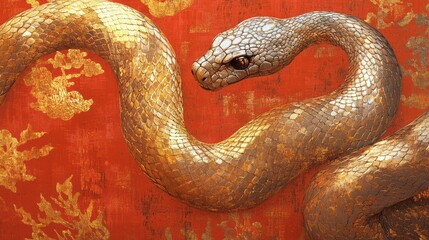 Obraz premium Golden snake coiled for chinese new year celebration red background artistic festive atmosphere symbolism of prosperity