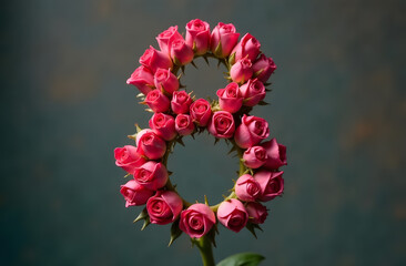 International Women's Day. March 8th. The number 8 is lined with pink roses, there is a place for text