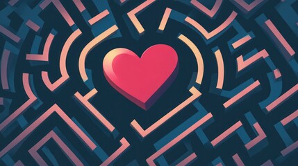 A vibrant pink heart nestled within a complex teal and peach maze.  The image evokes a sense of searching or finding love.