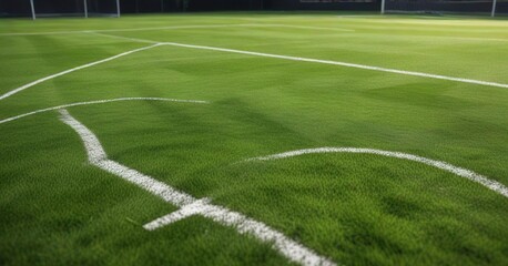 Obraz premium Wide-angle view of a soccer field with perfectly aligned chalk lines and lush green grass, football fields, stadium interiors, sports stadiums