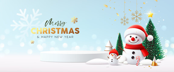Merry Christmas and happy new year podium, Snowman, pine tree, greeting card banner design on blue and white background, Eps 10 vector illustration