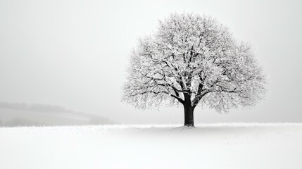 A tree is standing in a snow covered field
