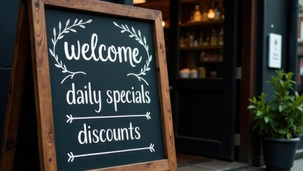 Rustic black chalkboard sign with handwritten daily specials at store entrance