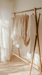 Neutral Clothing on Wooden Rack, Lifestyle Photo