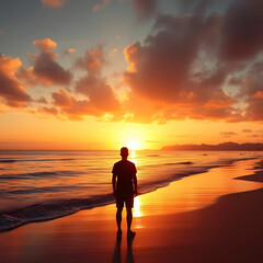 Fototapeta premium Silhouette standing on beach watching tranquil sunset generated by AI