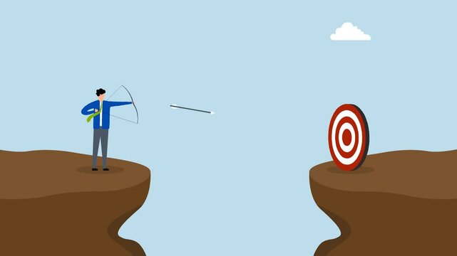 Terribly missed target, 4k animation of overconfident entrepreneur in archery spectacularly failed to hit target. 