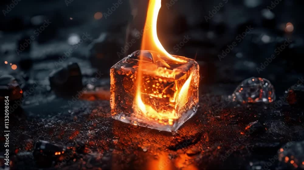 Poster a cube of ice burns with a bright flame, a mesmerizing paradox. ideal for abstract, surreal, or conc