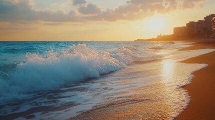 Naklejka premium Crashing Waves on Sandy Beach During Sunset with Colorful Sky