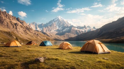 Serene High Altitude Campsite Overlooking Majestic Alpine Lake and Rocky Peaks  Tents arranged on a grassy ledge with a pristine alpine lake and rugged mountain landscape in the background