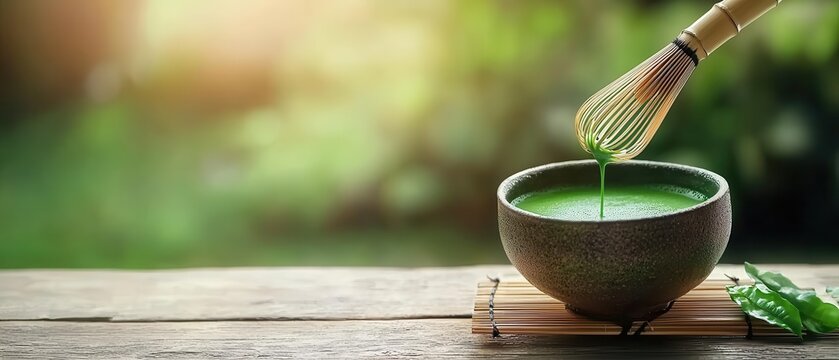 A serene setting with matcha tea being whisked in a rustic bowl.