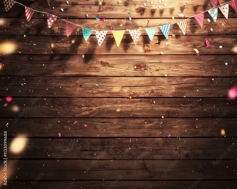 Poster a festive display featuring colorful bunting and confetti against a rustic wooden backdrop.