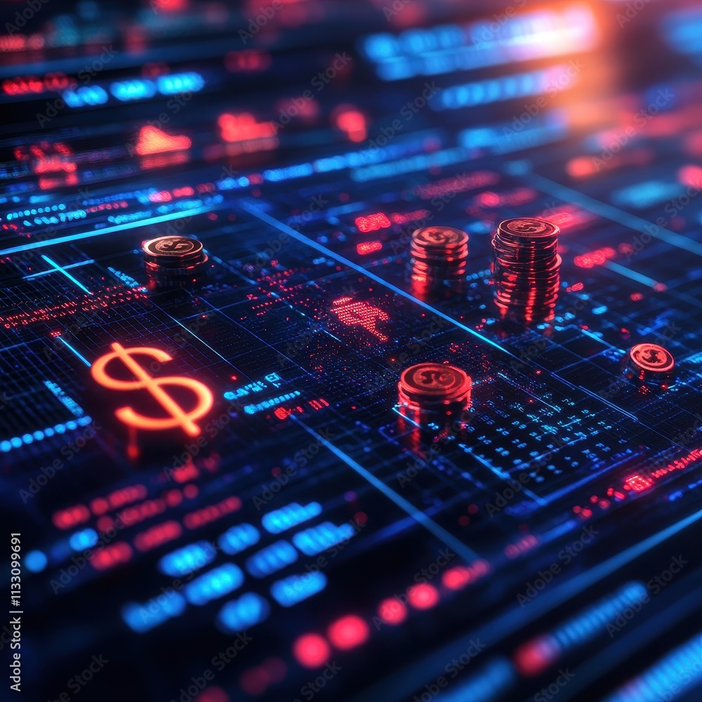 Poster a digital interface displaying glowing currency symbols and data, representing modern finance and te
