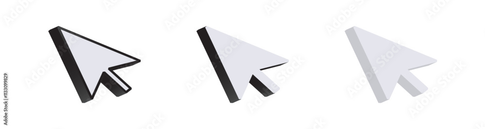 Poster three 3d computer cursor icons in different styles and angles, perfect for tech themes.