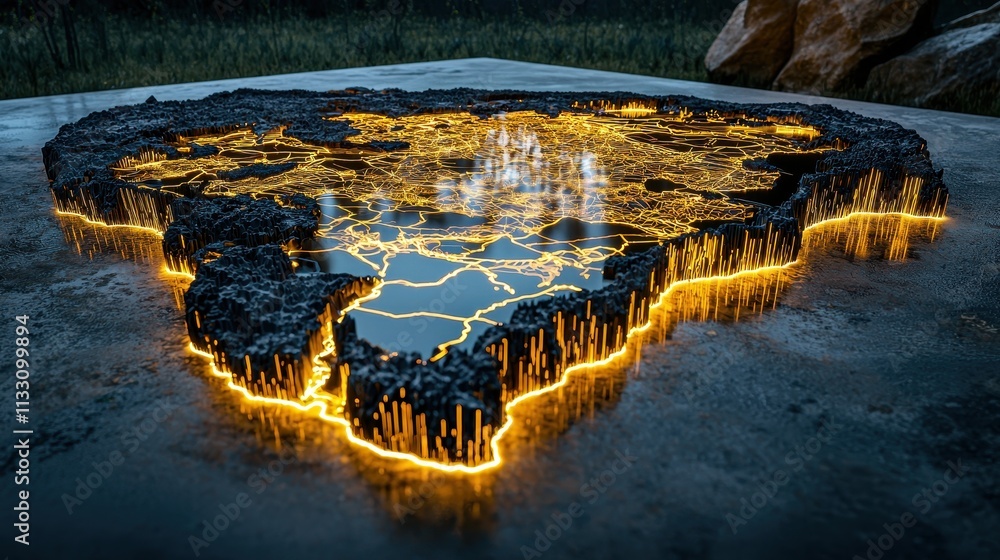 Poster a glowing, abstract map-like structure with luminous edges, set in a natural environment, showcasing