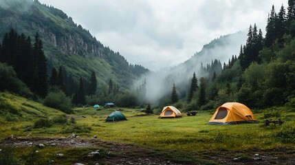 A serene mountain camping area with brightly colored tents nestled in a grassy clearing surrounded by misty peaks and dense pine forests offering a peaceful and picturesque outdoor retreat