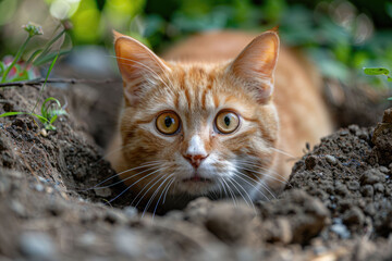 A ginger cat crouched low and prepared to pounce while hunting rodents. The cat hunts mice.