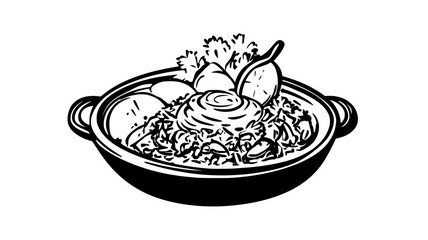 Biryani served in a dish with raita and a side of lemon slices, Food Illustration