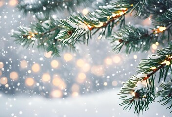 Christmas tree branches with a garland against falling snow. 